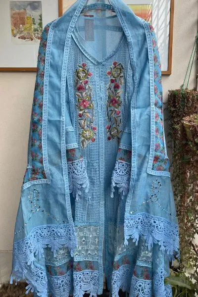 Pakistani Cotton Net Semi Stitched Gown 3pcs _ Sky Blue 