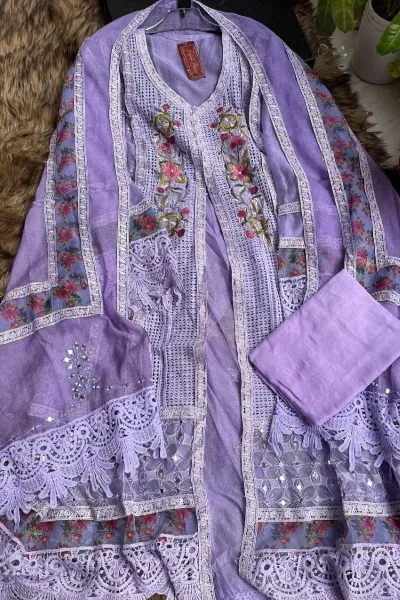 Pakistani Cotton Net Semi Stitched Gown 3pcs _ Lavender 