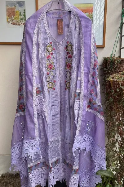 Pakistani Cotton Net Semi Stitched Gown 3pcs _ Lavender 