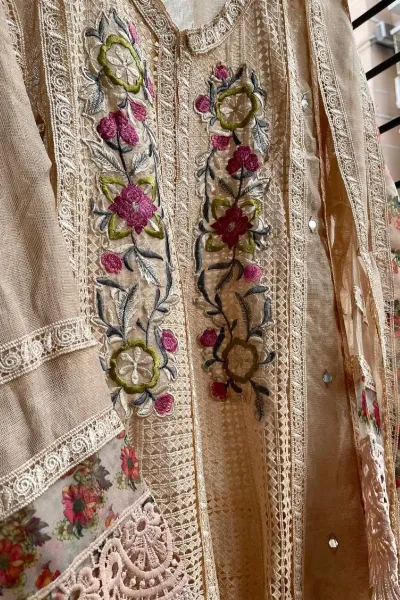 Pakistani Cotton Net Semi Stitched Gown 3pcs _ Golden  Beige 