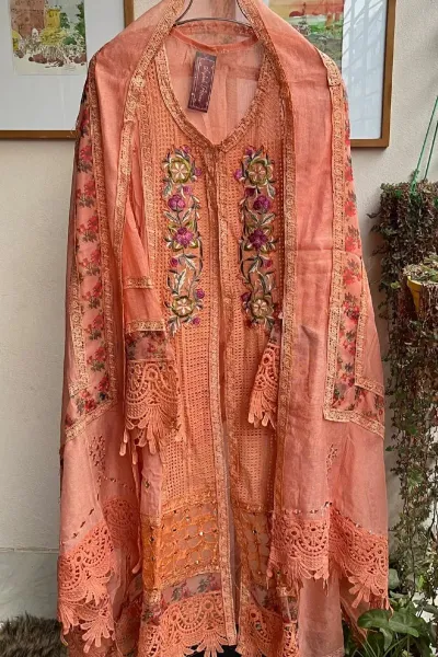 Pakistani Cotton Net Semi Stitched Gown 3pcs _ Red  Orange 