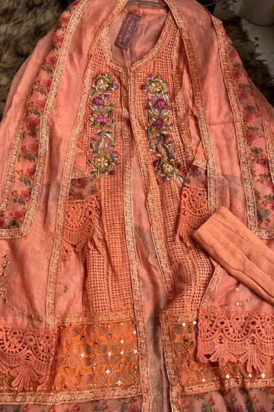 Pakistani Cotton Net Semi Stitched Gown 3pcs _ Red  Orange 