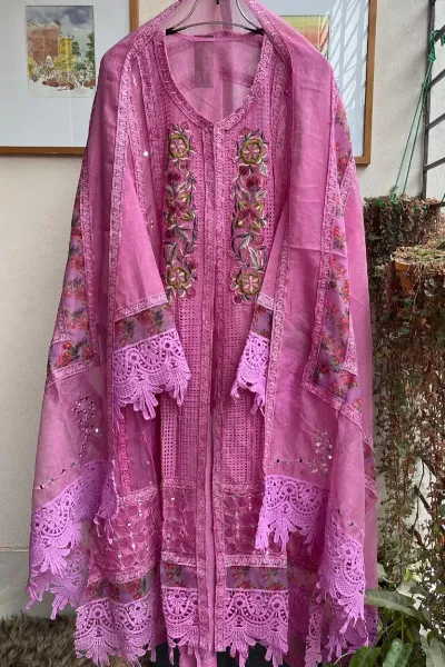 Pakistani Cotton Net Semi Stitched Gown 3pcs _ Magenta 