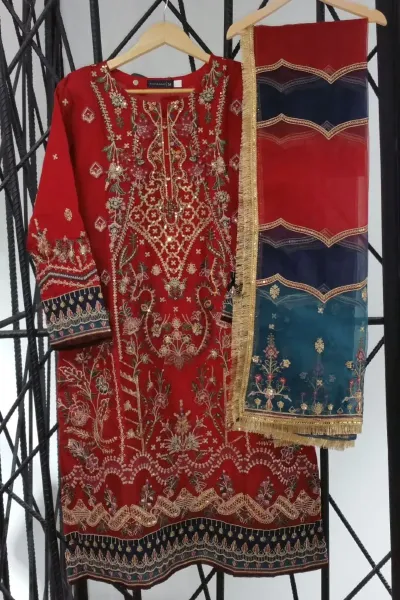 Pakistani Original Sadabahar Organza Stitched 2Pcs _ Maroon Red 