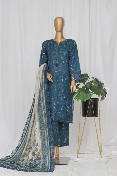 Pakistani Original Sadabahar Khaddar Stitched 3Pcs_ Deep Sea Blue 