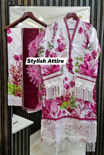 Original Pakistani Polawn Embroidered Stitched Lawn 3 Pcs _ Off White & Magenta 