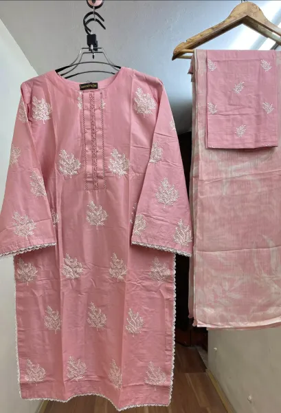 Pakistani Original Hayat’s Embroidered Stitched Cotton 3Pcs _ Pink  