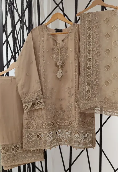 Pakistani Original Sadabahar Luxury Organza Stitched 3 Pcs _ Golden Beige 