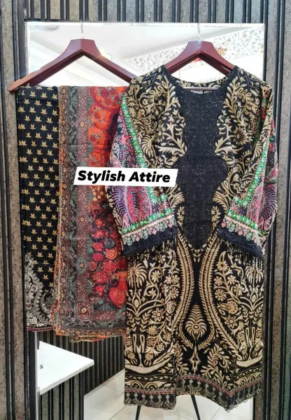 Original Pakistani Polawn Embroidered Stitched Lawn 3 Pcs _ Black 