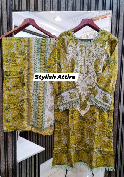 Original Pakistani Polawn Embroidered Stitched Lawn 3 Pcs _  Olive 