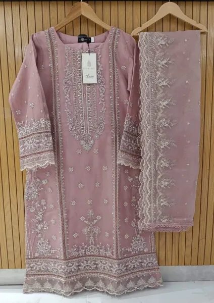 Pakistani Original Sadabahar Luxury Organza Stitched 3Pcs _ Pink