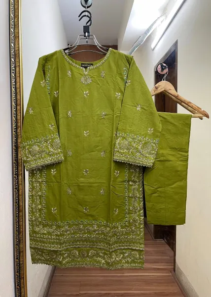 Pakistani Original Hayat's Stitched Cotton Co-ords 2 Pcs _ Olive Green 