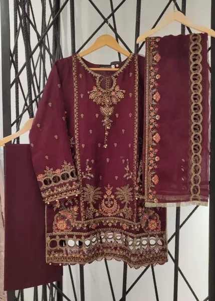 Pakistani Original Sadabahar Luxury Organza Stitched 3 Pcs _ Purple 