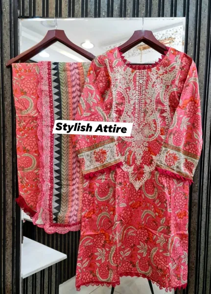 Original Pakistani Polawn Embroidered Stitched Lawn 3 Pcs _ Coral Pink 