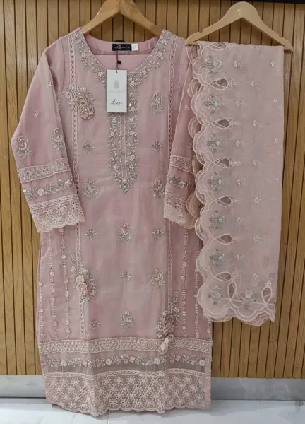 Pakistani Original Sadabahar Luxury Organza Stitched 3Pcs _ Peachy Pink