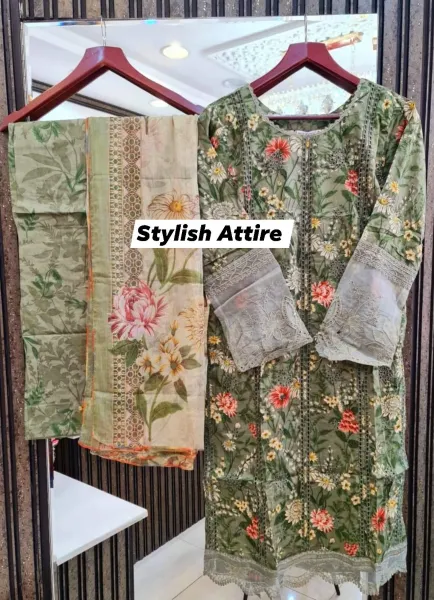 Original Pakistani Polawn Embroidered Stitched Lawn 3 Pcs _ Green 