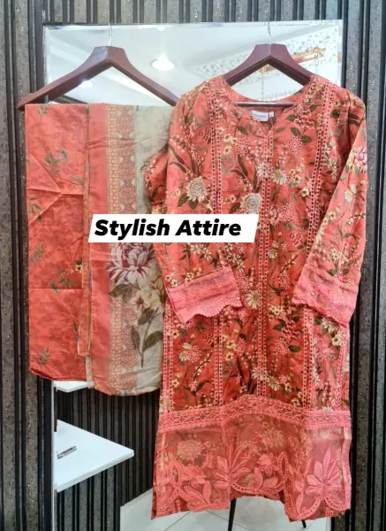 Original Pakistani Polawn Embroidered Stitched Lawn 3 Pcs _ Coral Pink 