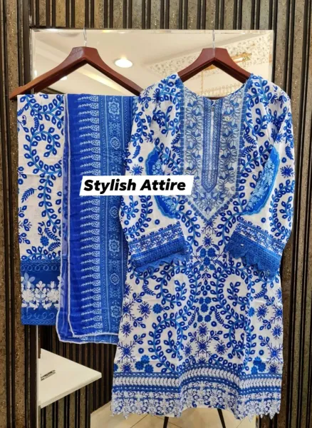 Original Pakistani Polawn Embroidered Stitched Lawn 3 Pcs _ Blue 