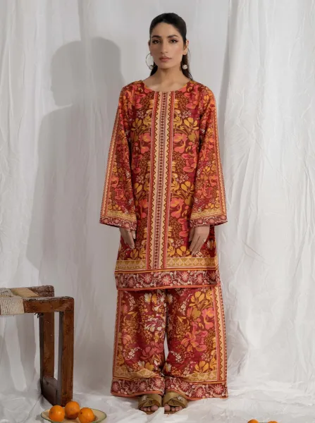Adan's Libas Satin Lawn Stitched Co-Ords Set _ Maroon 