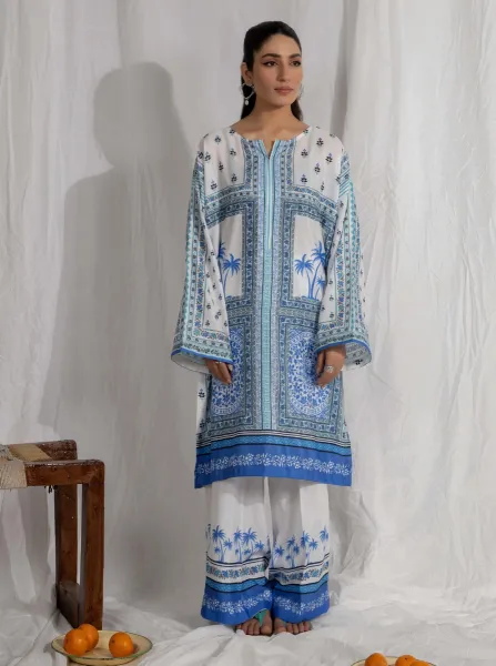 Adan's Libas Satin Lawn Stitched Co-Ords Set _ White 