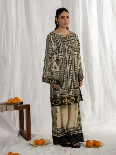 Adan's Libas Satin Lawn Stitched Co-Ords Set _ Beige 
