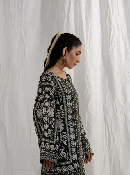 Adan's Libas Satin Lawn Stitched Co-Ords Set _ Dark Green 