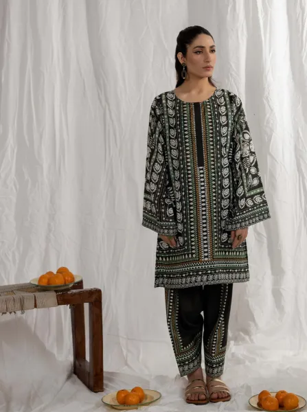 Adan's Libas Satin Lawn Stitched Co-Ords Set _ Dark Green 