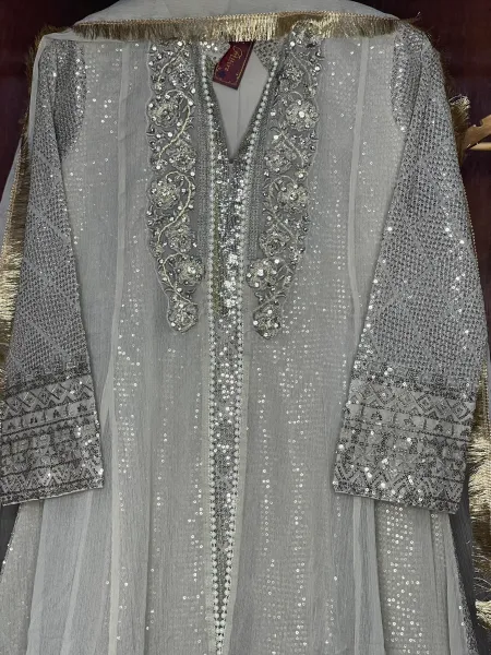 Pakistani Original Mona Embroidery Chiffon Stitched Gown 3 Pcs _ Beige 