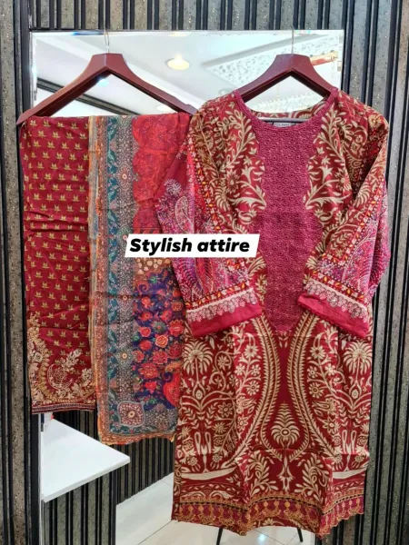Original Pakistani Polawn Embroidered Stitched Lawn 3 Pcs _ Maroon 