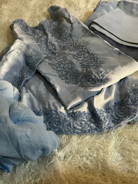 Luxury Russian Silk Pakistani Stitched Farshi Salwar 3 Pcs _ Powder Blue 