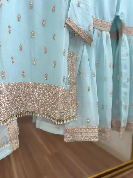 Pakistani Original Rangoon Luxury Chiffon Stitched Garara 3 Pcs _ Mint 