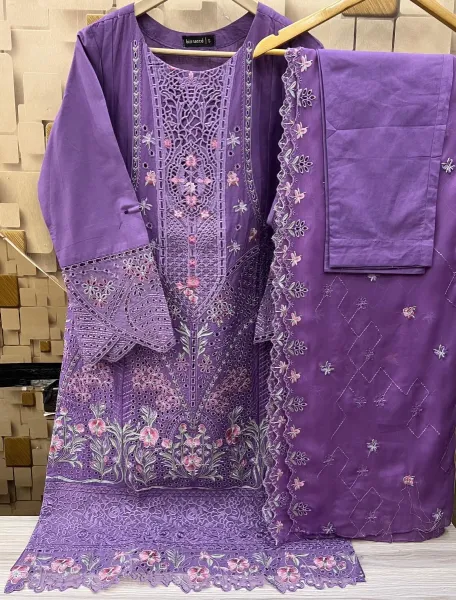 Pakistani Original Bin Saeed luxury Stitched Cotton Embroidered 3 Pcs _ Purple 