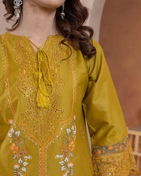Pakistani Original Rangoon Cotton Stitched 3 Pcs _ Olive Mustard 