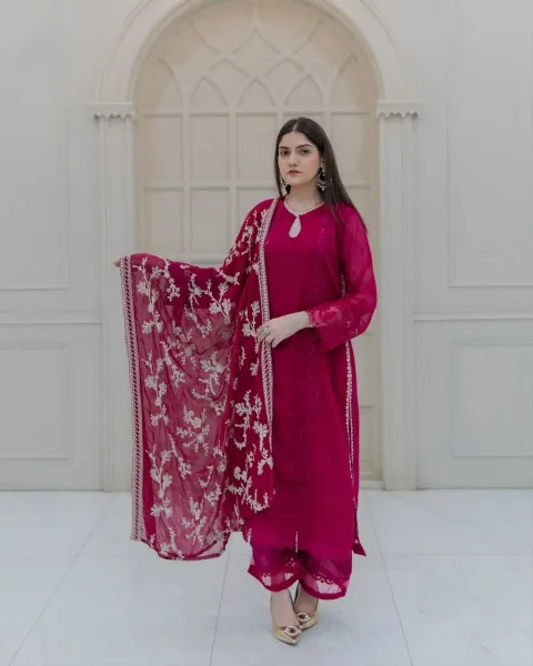 Pakistani Original Rangoon Luxury Chiffon stitched 3 Pcs _ Megenta Pink 