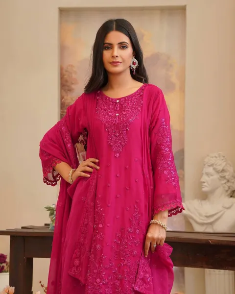 Rangoon Frock style Chiffon Stitched 3 Pcs With Palazzo _ Megenta Pink 