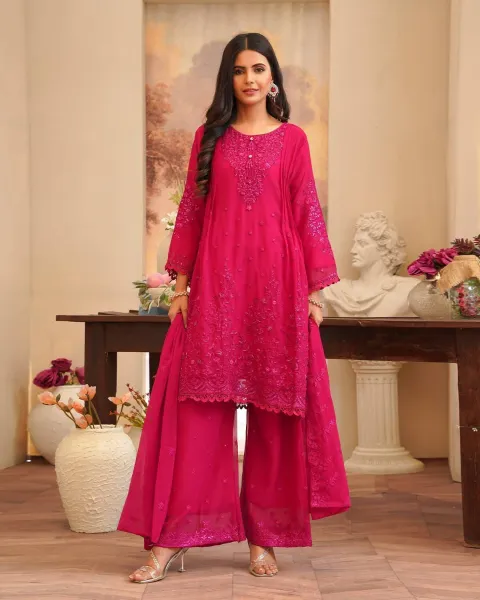 Rangoon Frock style Chiffon Stitched 3 Pcs With Palazzo _ Megenta Pink 