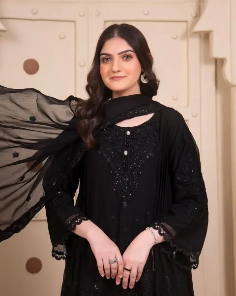 Rangoon Frock style Chiffon Stitched 3 Pcs With Palazzo _ Black 