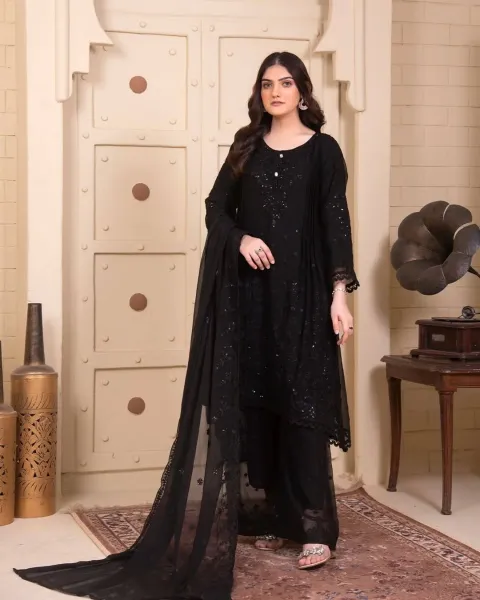 Rangoon Frock style Chiffon Stitched 3 Pcs With Palazzo _ Black 