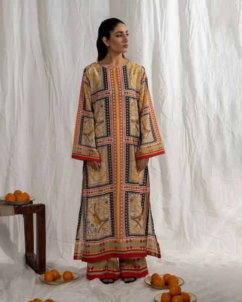 Adan's Libas Satin Lawn Stitched Co-Ords  Set _ Mustard Yellow 