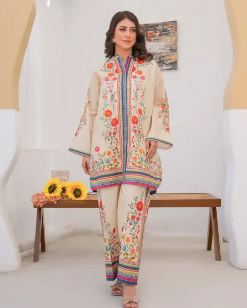 Husnara Lawn Cotton Stitched Co-Ords _ Golden Beige 