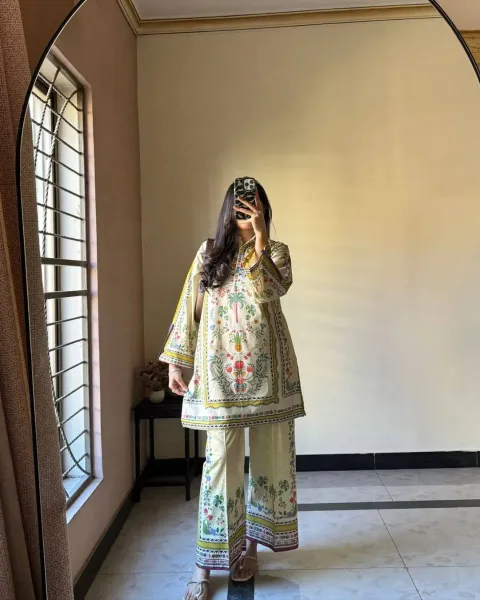 Husnara Lawn Cotton Stitched Co-Ords _ Golden Beige 