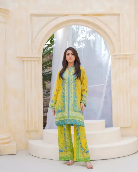 Husnara Lawn Cotton Stitched Co-Ords _ Lemon Yellow 