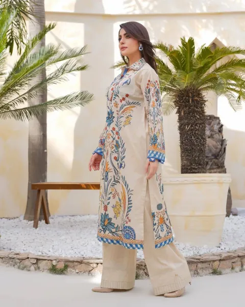 Pakistani Husnara Lawn Cotton material stitched co-ord 2 Pcs _ Golden Beige 
