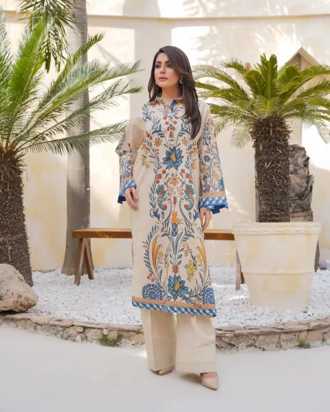 Pakistani Husnara Lawn Cotton material stitched co-ord 2 Pcs _ Golden Beige 