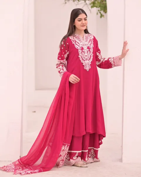 Pakistani Orginal Rangoon Chiffon Stitched 3 Pcs Sharara Pant _ Magenta 