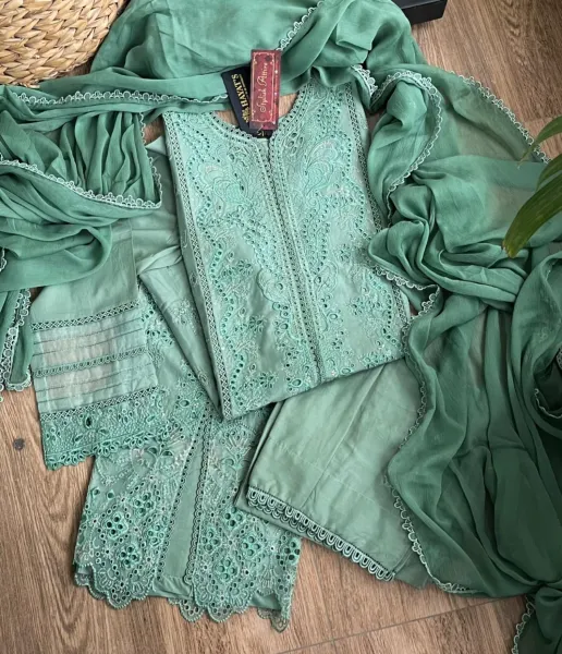 Pakistani Original Hayat’s Luxury Embroidered Stitched Cotton 3Pcs _ Pastel Mint 