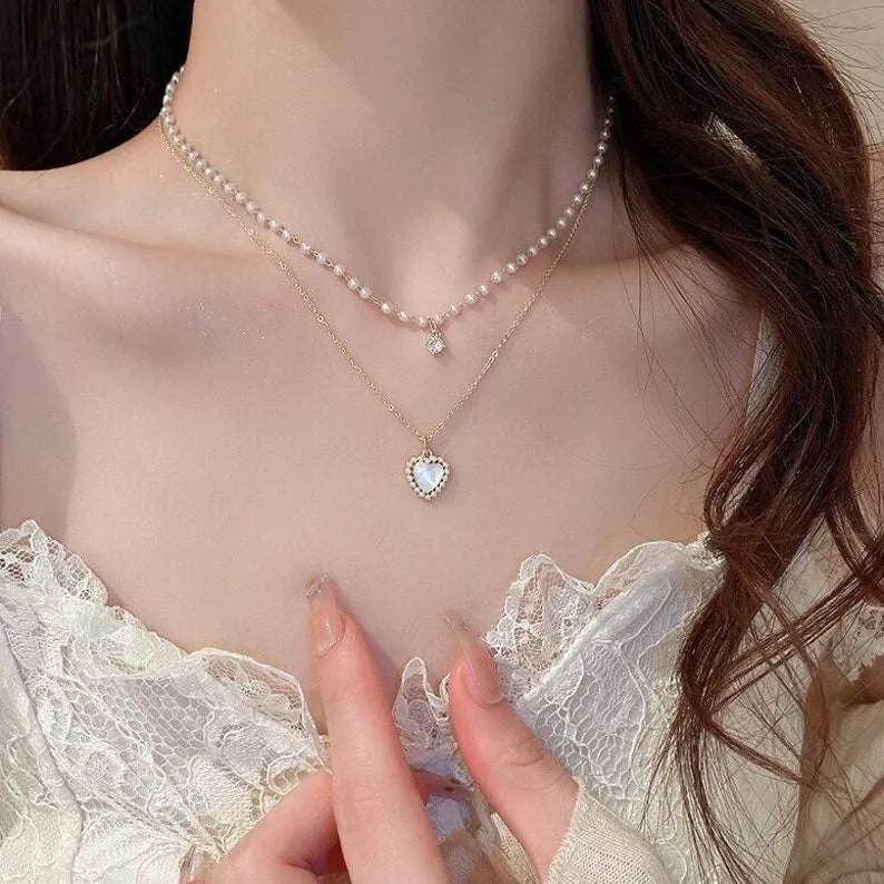 Beautiful Sterling Silver Two-Layer Heart Pearl Pendant Necklace For Women - Adjustable 16-18\"
