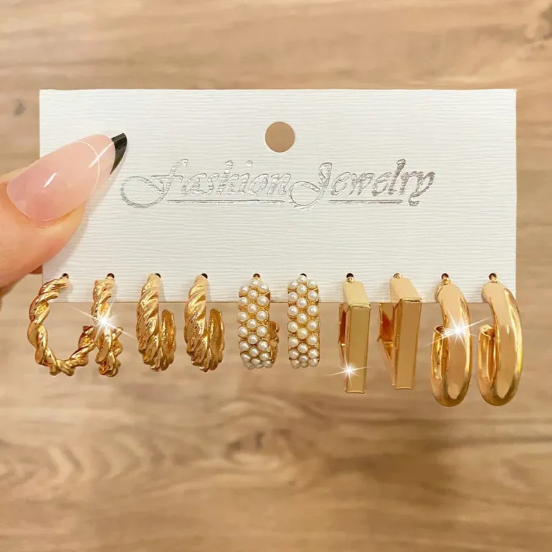 5 Pair Geometric Twisted Pearl Hoop Earrings - Only 99 Shop BD